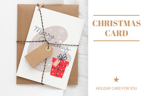 Christmas Card with Gift and Snowflakes Illustrations